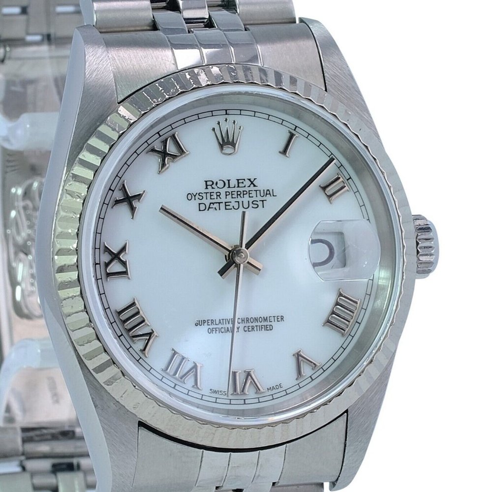 ROLEX DATEJUST WHITE ROMAN NUMERAL DIAL 18KW FLUTED STEEL JUBILEE WATCH 16234